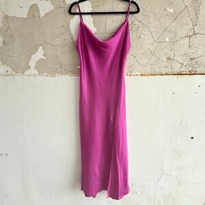 Satin Slip Dress Fuchsia Cowl Neck Midi Side Slit Women M Wedding Guest Date NWT